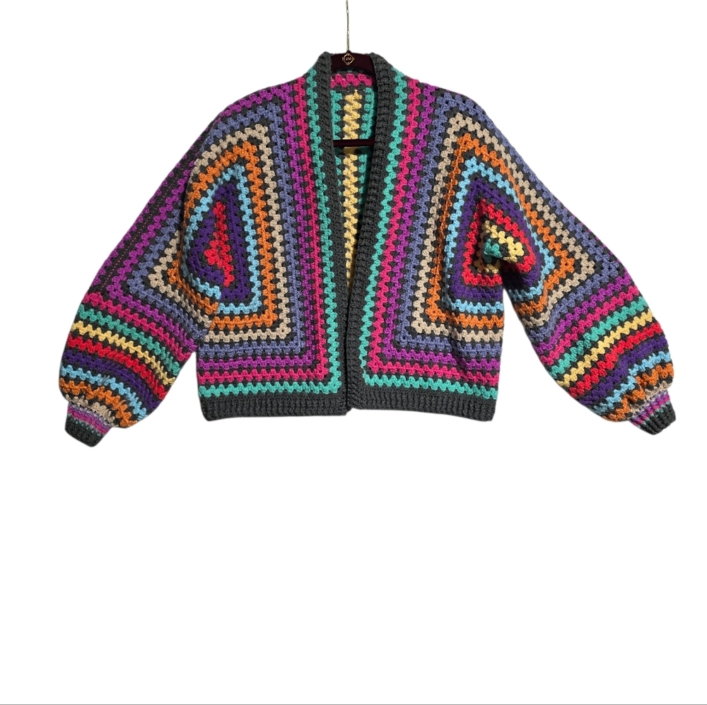 HANDMADE CROCHET OPEN FRONT GRANNY CARDIGAN SWEATER SZ M - Picture 5 of 9